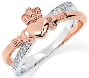 Diamond Rose Gold Silver Claddagh Ring
