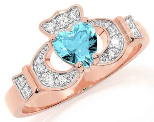 Diamond Aquamarine Rose Gold Claddagh Ring