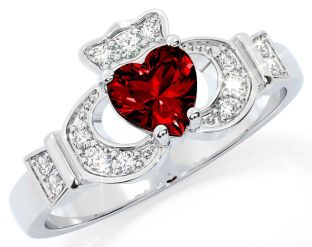 Diamond Garnet Silver Claddagh Ring