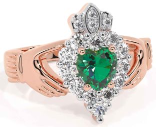 Diamond Emerald Rose Gold Claddagh Ring