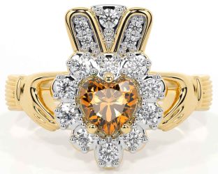 Diamond Citrine Gold Silver Claddagh Ring