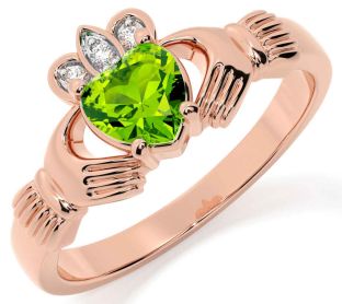 Diamond Peridot Rose Gold Silver Claddagh Ring