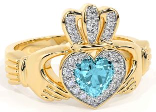 Diamond Aquamarine Gold Claddagh Ring