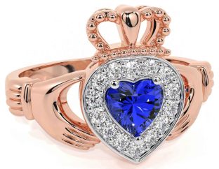 Diamond Sapphire Rose Gold Silver Claddagh Ring
