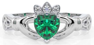 Diamond Emerald White Gold Claddagh Ring