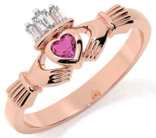 Diamond Pink Tourmaline Rose Gold Silver Claddagh Ring