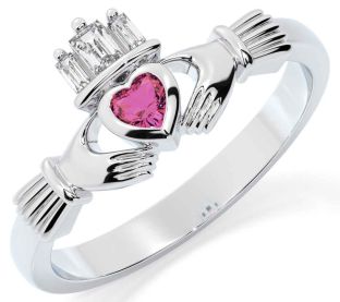 Diamond Pink Tourmaline Silver Claddagh Ring