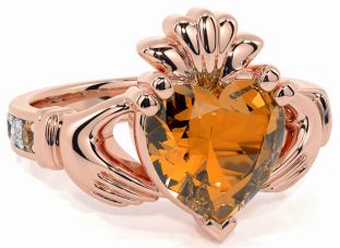 Diamond Citrine Rose Gold Silver Claddagh Ring