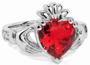 Diamond Ruby Silver Claddagh Ring