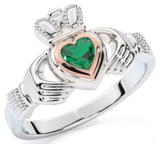 Emerald Rose Gold Silver Claddagh Ring