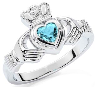 Aquamarine Silver Claddagh Ring