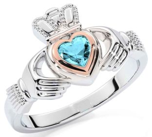 Aquamarine Rose Gold Silver Claddagh Ring