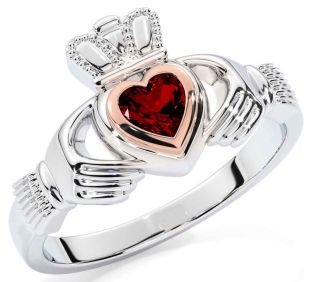 Garnet Rose Gold Silver Claddagh Ring