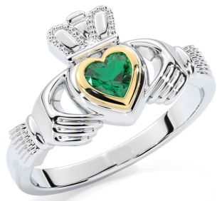 Emerald White Yellow Gold Claddagh Ring