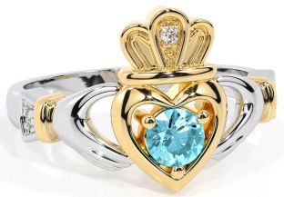 Aquamarine Gold Silver Claddagh Ring