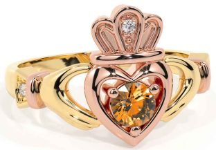 Citrine Rose Yellow Gold Claddagh Ring