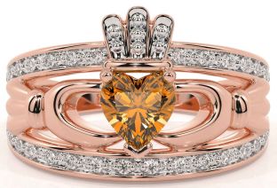Diamond Citrine Rose Gold Claddagh Ring