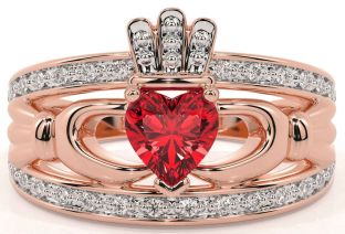 Diamond Ruby Rose Gold Claddagh Ring