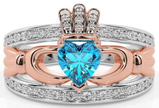Diamond Topaz Rose Gold Silver Claddagh Ring