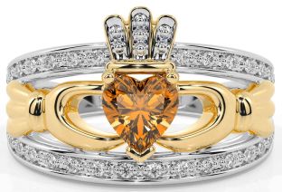 Diamond Citrine Gold Silver Claddagh Ring