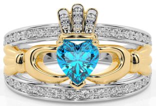 Diamond Topaz Gold Silver Claddagh Ring
