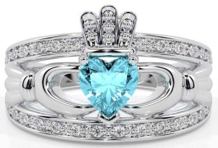 Diamond Aquamarine White Gold Claddagh Ring
