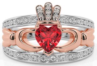 Diamond Ruby White Rose Gold Claddagh Ring