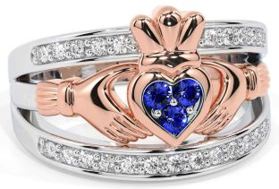 Diamond Sapphire Rose Gold Silver Claddagh Ring