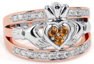 Diamond Citrine Rose Gold Silver Claddagh Ring