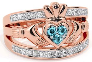 Diamond Aquamarine Rose Gold Claddagh Ring