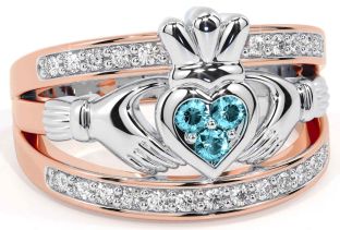 Diamond Aquamarine White Rose Gold Claddagh Ring