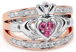 Diamond Pink Tourmaline White Rose Gold Claddagh Ring