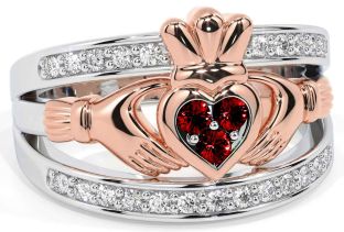 Diamond Garnet Rose Gold Silver Claddagh Ring