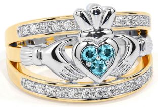 Diamond Aquamarine Gold Silver Claddagh Ring