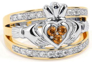 Diamond Citrine White Yellow Gold Claddagh Ring