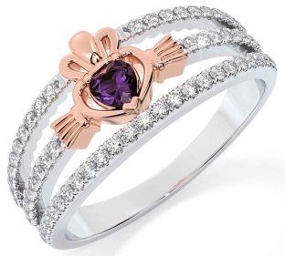 Diamond Alexandrite Rose Gold Silver Claddagh Ring