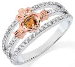 Diamond Citrine White Rose Gold Claddagh Ring