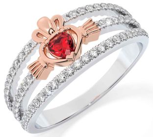 Diamond Ruby White Rose Gold Claddagh Ring