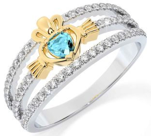 Diamond Aquamarine White Yellow Gold Claddagh Ring