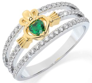 Diamond Emerald White Yellow Gold Claddagh Ring