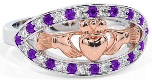 Diamond Amethyst Rose Gold Silver Claddagh Ring
