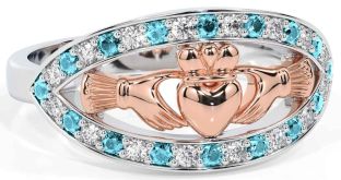 Diamond Aquamarine White Rose Gold Claddagh Ring