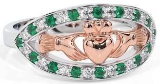 Diamond Emerald White Rose Gold Claddagh Ring