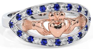 Diamond Sapphire White Rose Gold Claddagh Ring