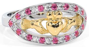 Diamond Pink Tourmaline White Yellow Gold Claddagh Ring
