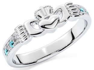 Diamond Aquamarine White Gold Claddagh Ring