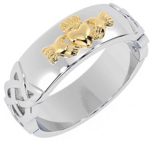 Men's White Yellow Gold Celtic Claddagh Ring
