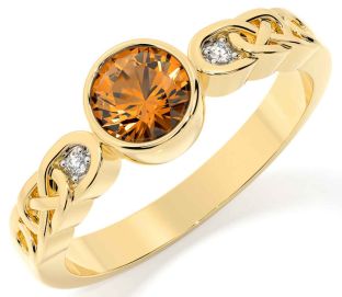 Diamond Citrine Gold Silver Celtic Trinity Knot Ring