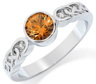 Diamond Citrine Silver Celtic Trinity Knot Ring