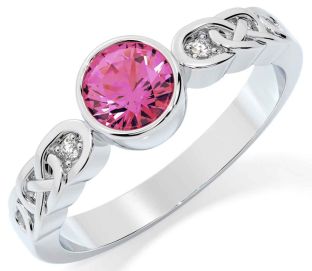 Diamond Pink Tourmaline Silver Celtic Trinity Knot Ring